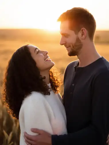 AI-created engagement portrait in golden-hour light